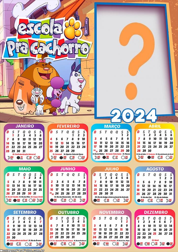 Calendário 2024 Escola pra Cachorro Emoldurar Online Grátis