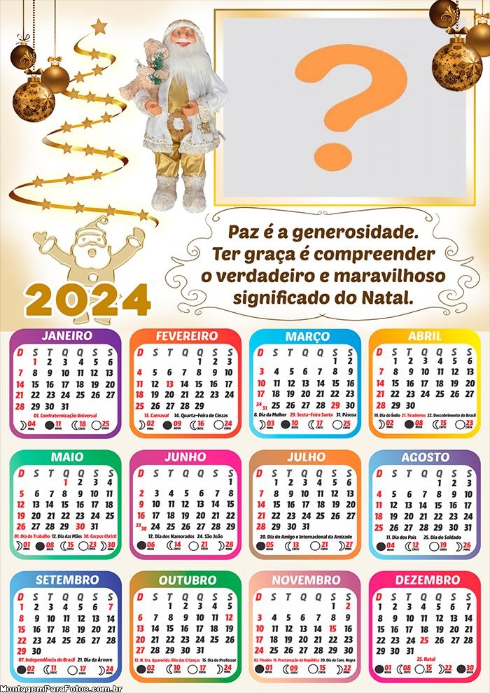 Calendário 2024 Papai Noel Dourado Colar Grátis Online