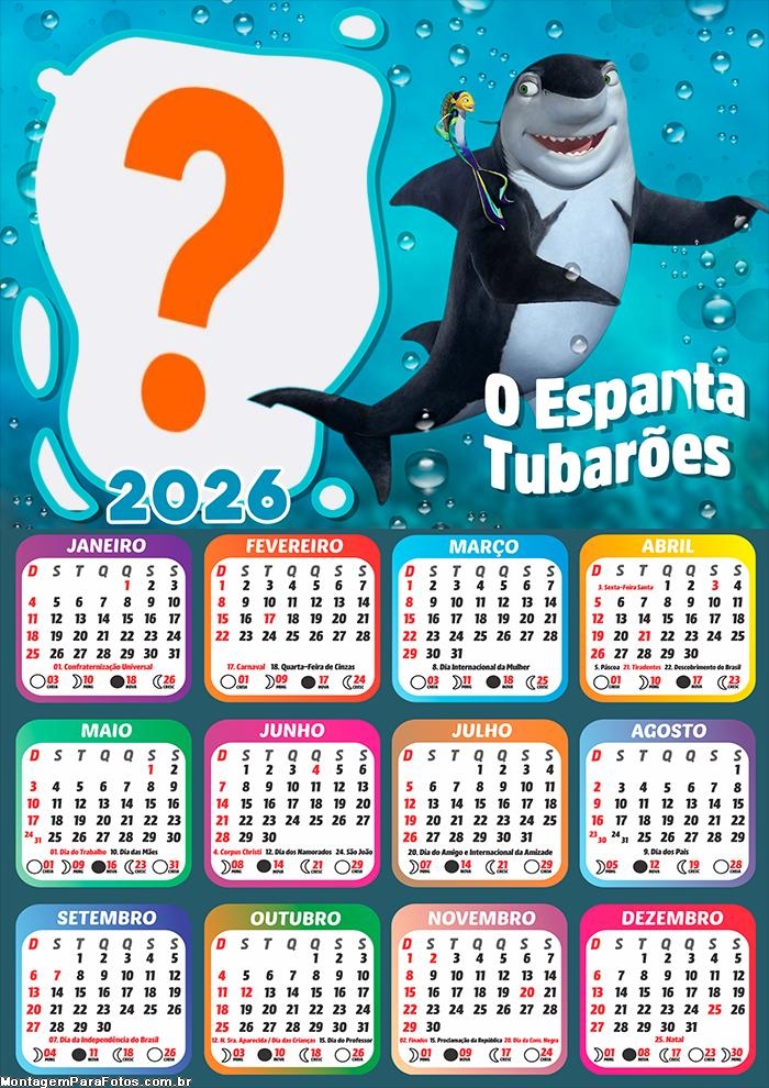 Calendário 2026 O Espanta Tubarões Fazer Colagem Grátis