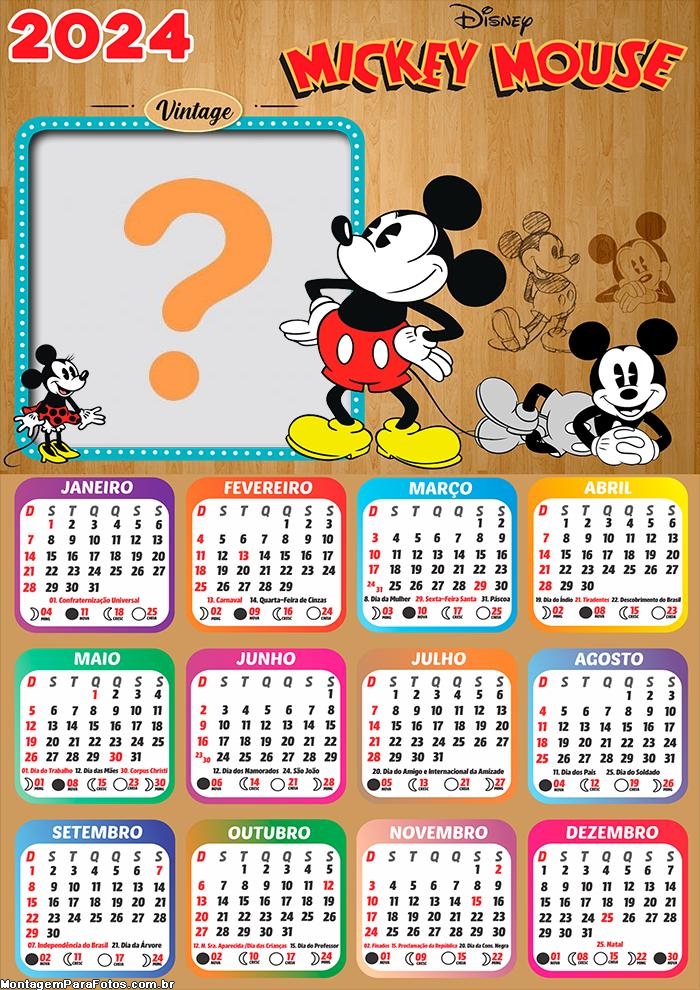 Calendário 2024 Mickey Vintage para Imprimir Grátis Colagem de Foto