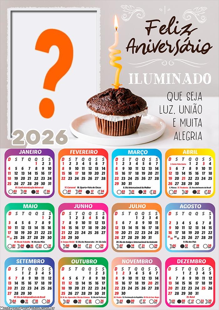 Calendário 2026 Tenha um Aniversário Iluminado Juntar Foto Online