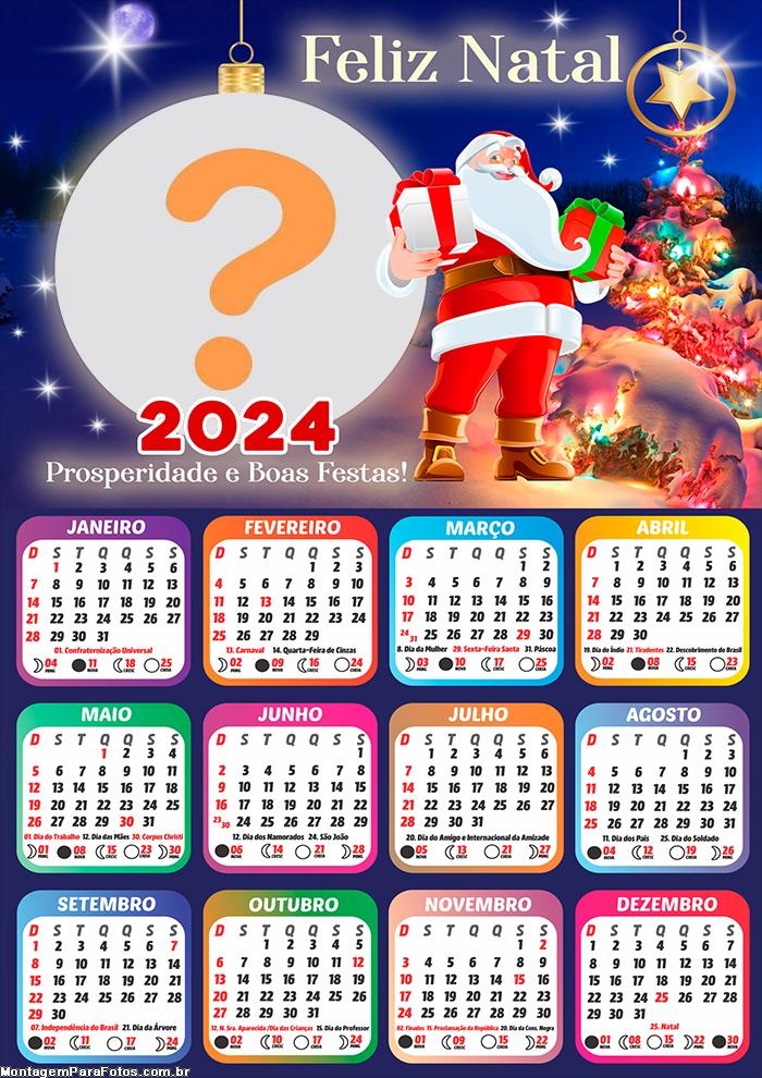 Calendário 2024 Prosperidade e Boas Festas Papai Noel Montar Grátis