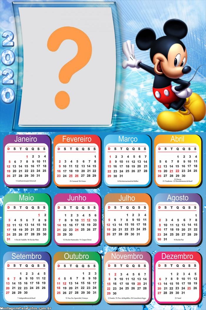 Calendário 2020 Mickey Montagem Digital