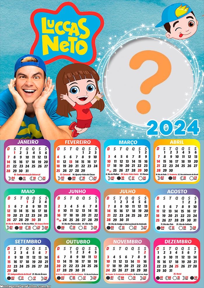 Calendário 2024 Foto Mensagem Grátis Gi e Luccas Neto