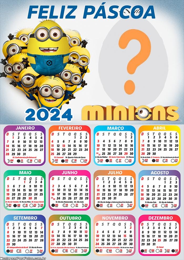 Calendário 2024 Colagem de Foto Grátis Feliz Páscoa Minions