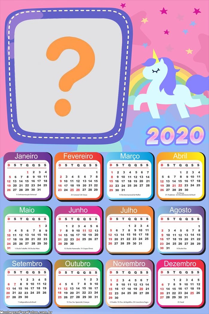 Calendário 2020 Unicórnio Candy Color nas Nuvens