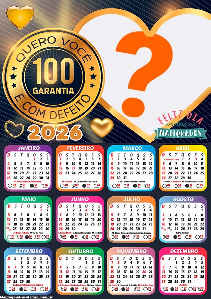 Foto Calendário 2026 Quero Você Dia dos Namorados Grátis