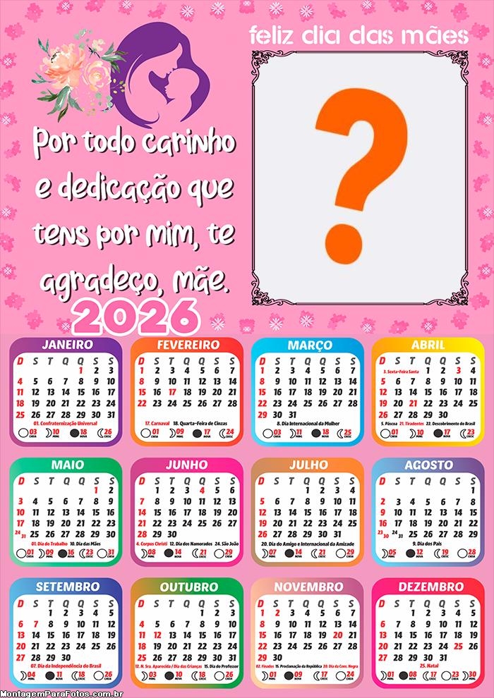 Calendário 2026 Agradeço Mãe Mensagem Emoldurar Foto Online