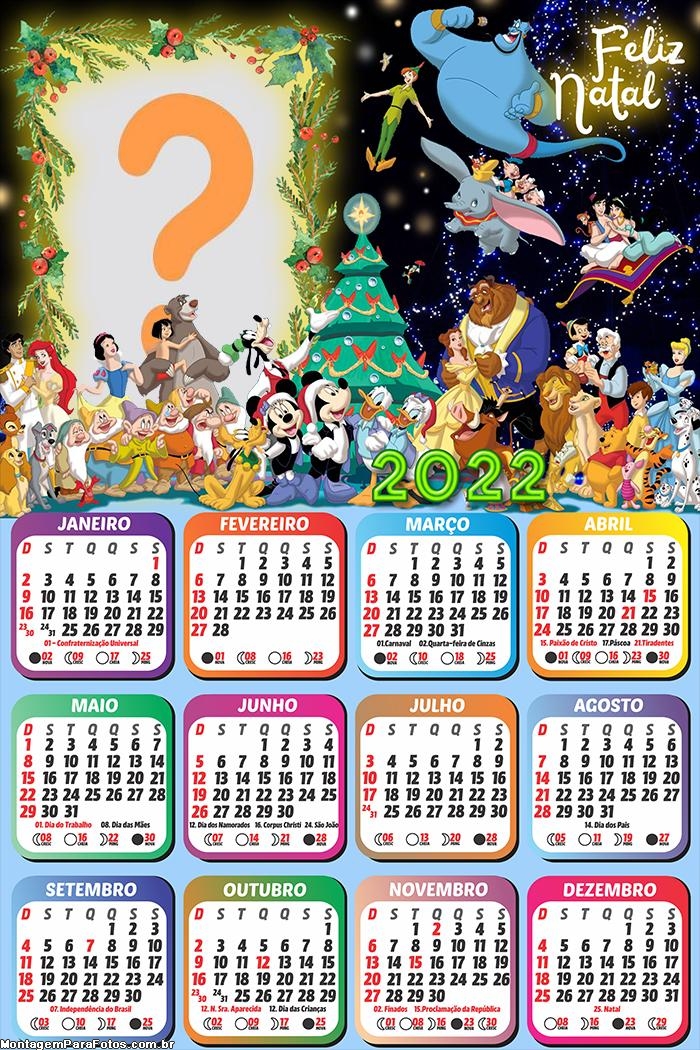 Calendário 2022 Foto Moldura Grátis Feliz Natal Disney Personagens