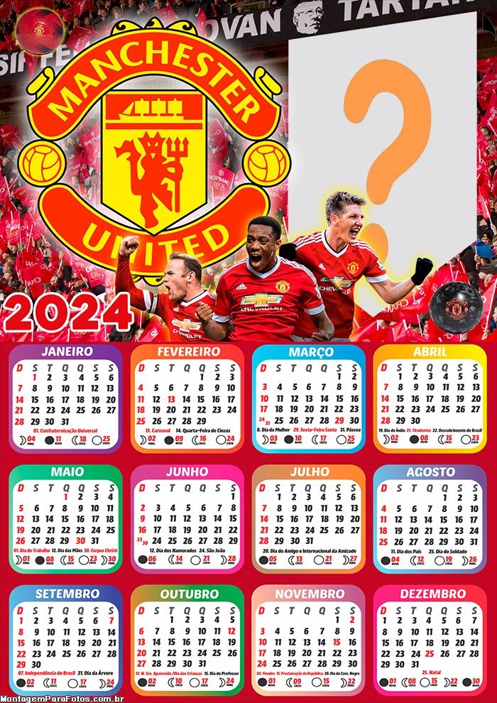 Calendário 2024 Manchester United Football Club Moldura Grátis