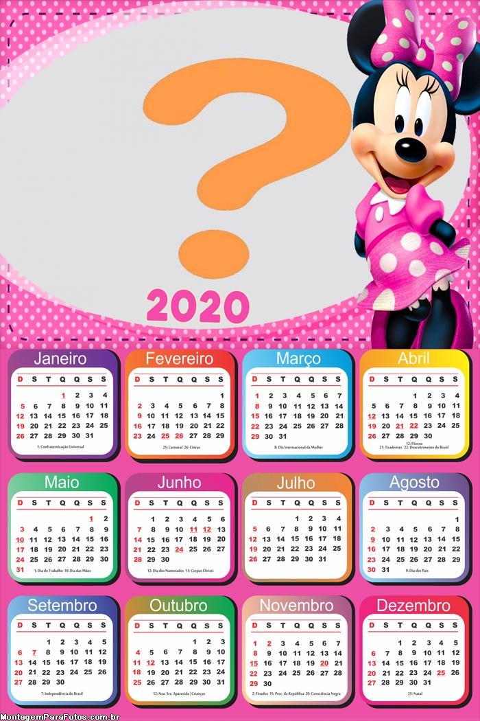 Calendário 2020 Minnie Cor de Rosa