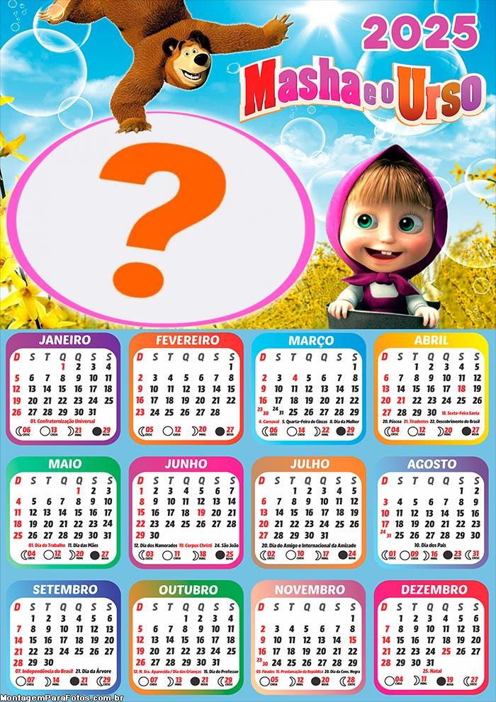 Calendário 2025 Masha e o Urso Montagem de Foto