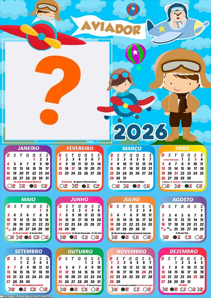 Calendário 2026 Aviador Fazer Colagem Grátis