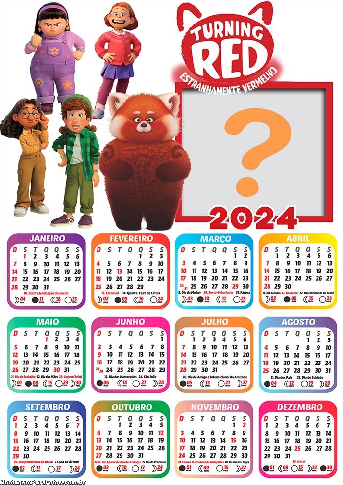 Calendário 2024 Red crescer é uma Fera Personagens Colar Foto