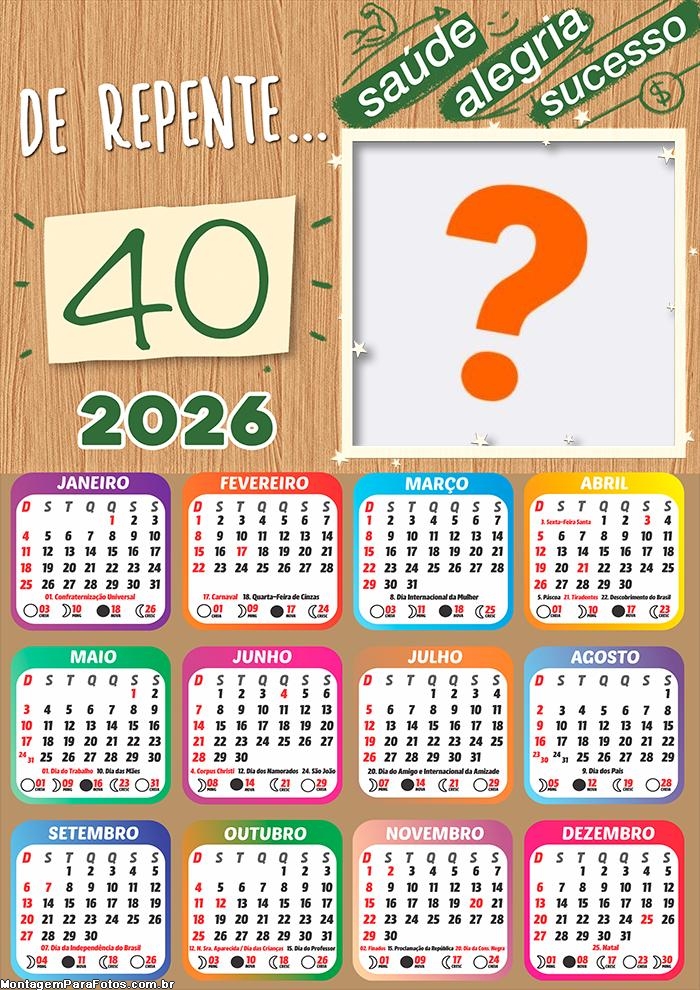 Calendário 2026 Aniversário 40 Anos Criar Montagem