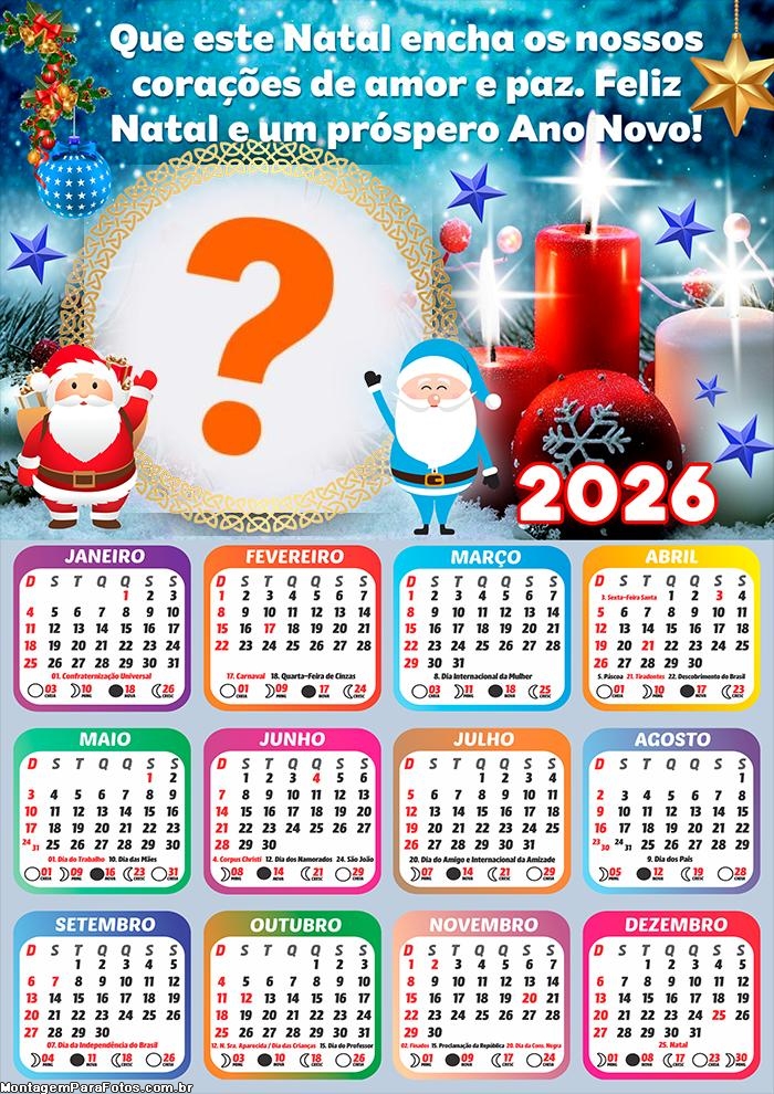 Calendário 2026 Feliz Natal Corações de Amor e Paz Montagem de Foto