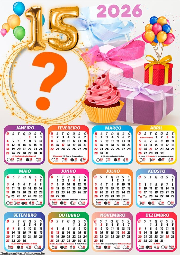 Calendário 2026 de 15 Anos Foto Montagem