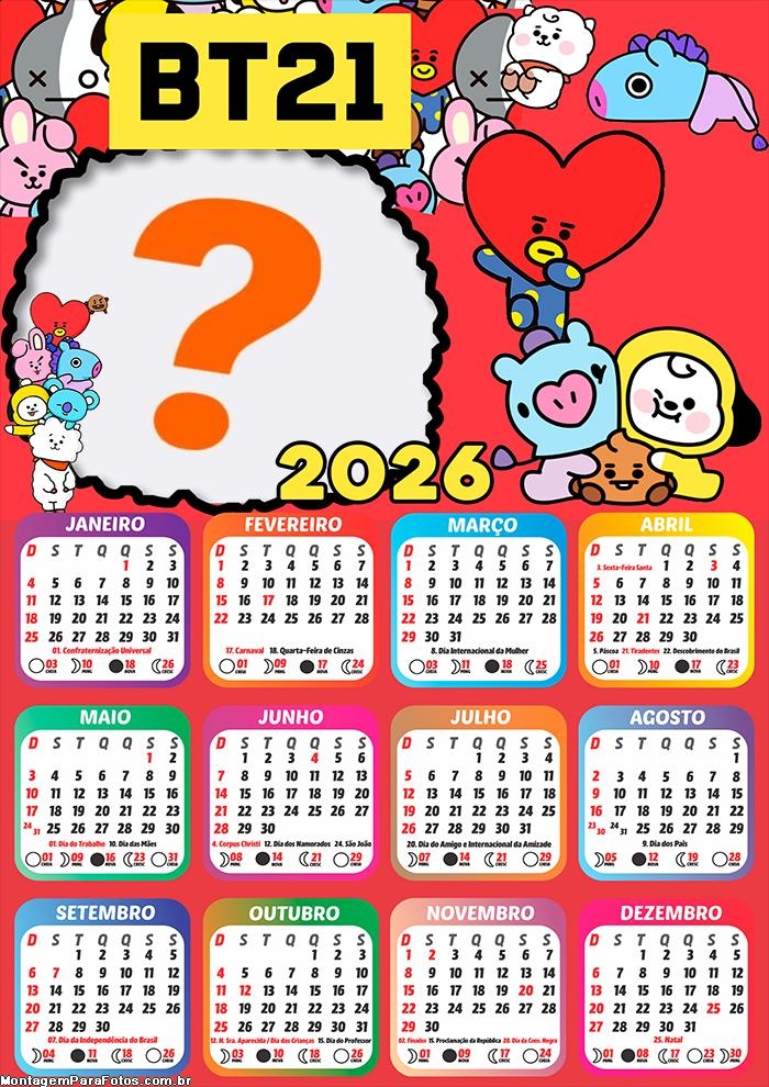 Calendário 2026 BT21 Colar Foto Online