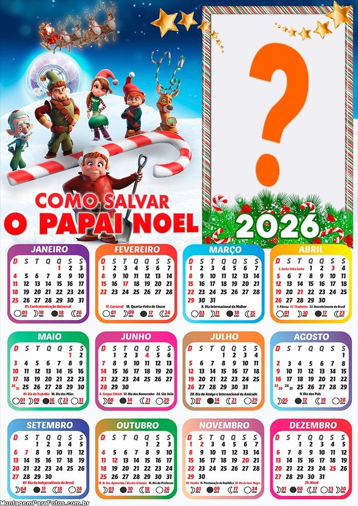 Calendário 2026 Como Salvar o Papai Noel Fazer Colagem Grátis