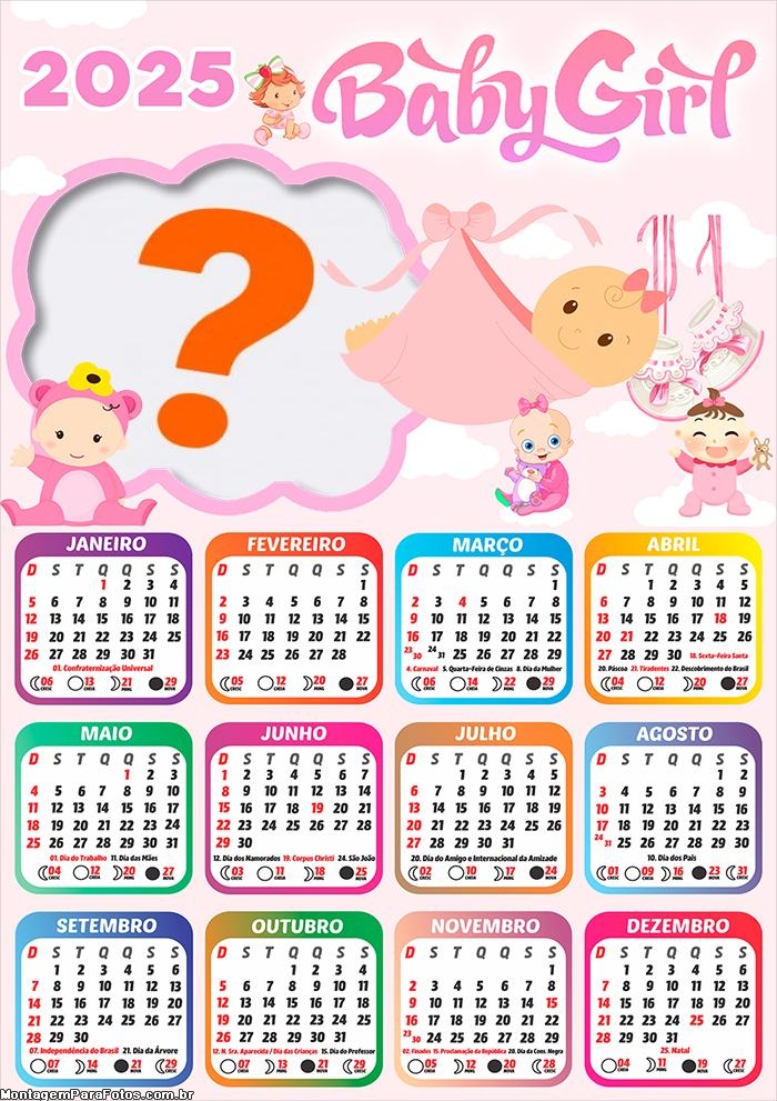 Calendário 2025 Baby Girl Fazer Montagem Online
