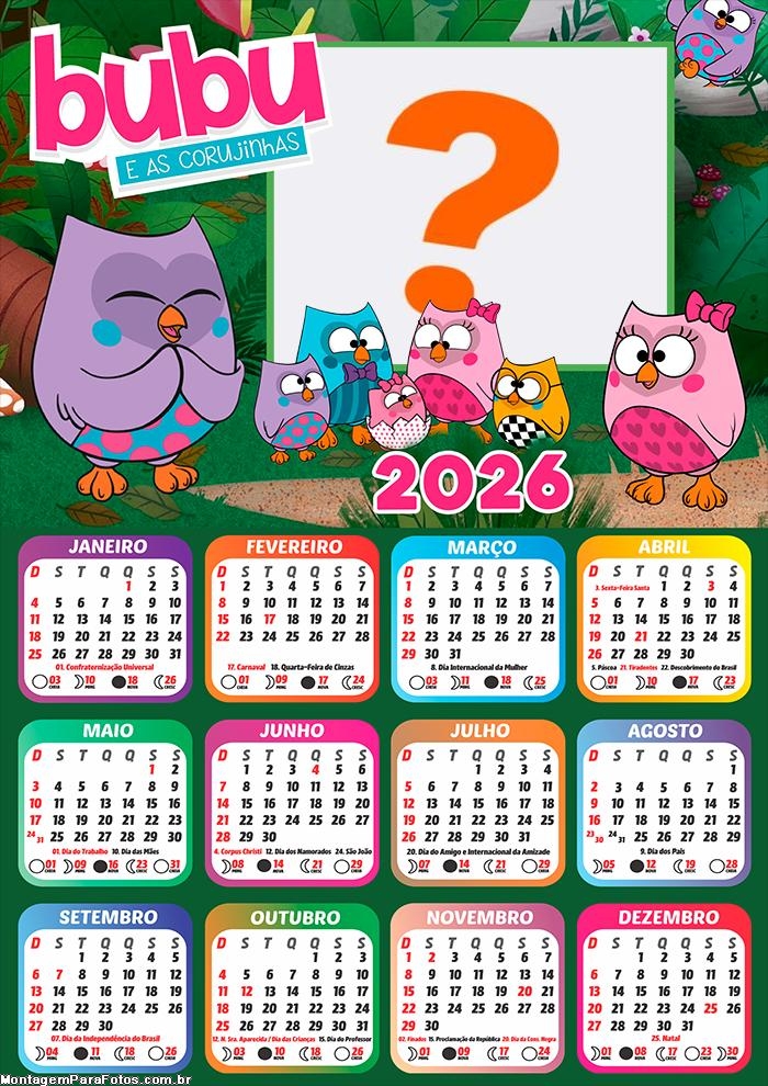 Calendário 2026 Bubu e as Corujinhas Colagem de Fotos