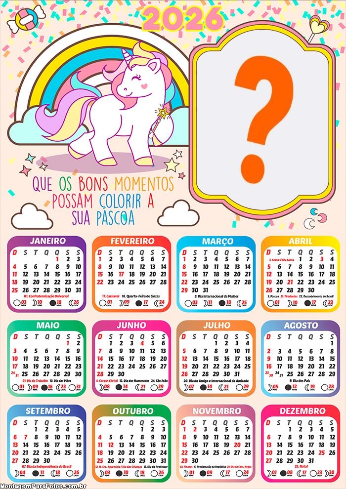 Calendário 2026 Feliz Páscoa Unicórnio Juntar Foto Online