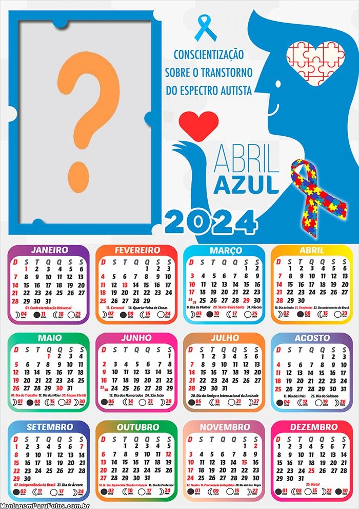 Calendário 2024 Campanha Abril Azul Montar Grátis Online