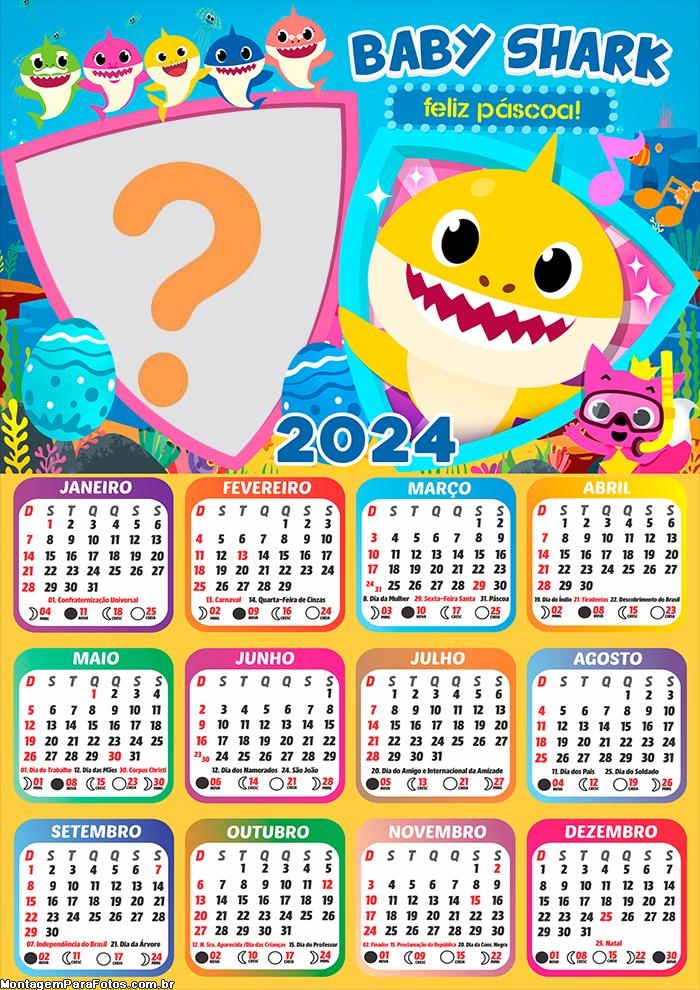 Infantil Colagem de Foto Calendário 2024 Feliz Páscoa Baby Shark