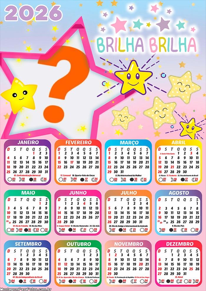 Calendário 2026 Brilha Estrelinha Criar Montagem