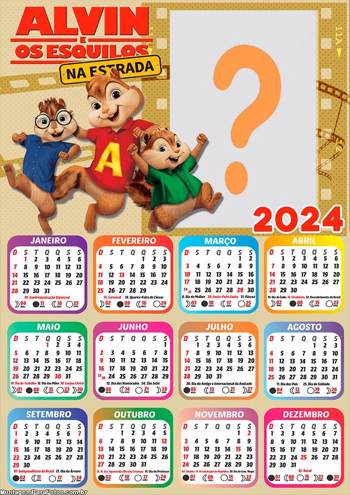 Calendário 2024 Alvin e os Esquilos Foto Grátis Online