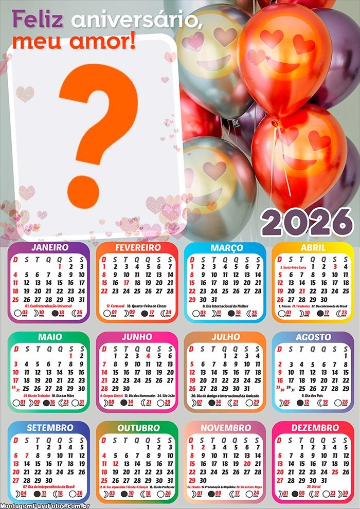 Calendário 2026 Feliz Aniversário Meu Amor Colagem Online
