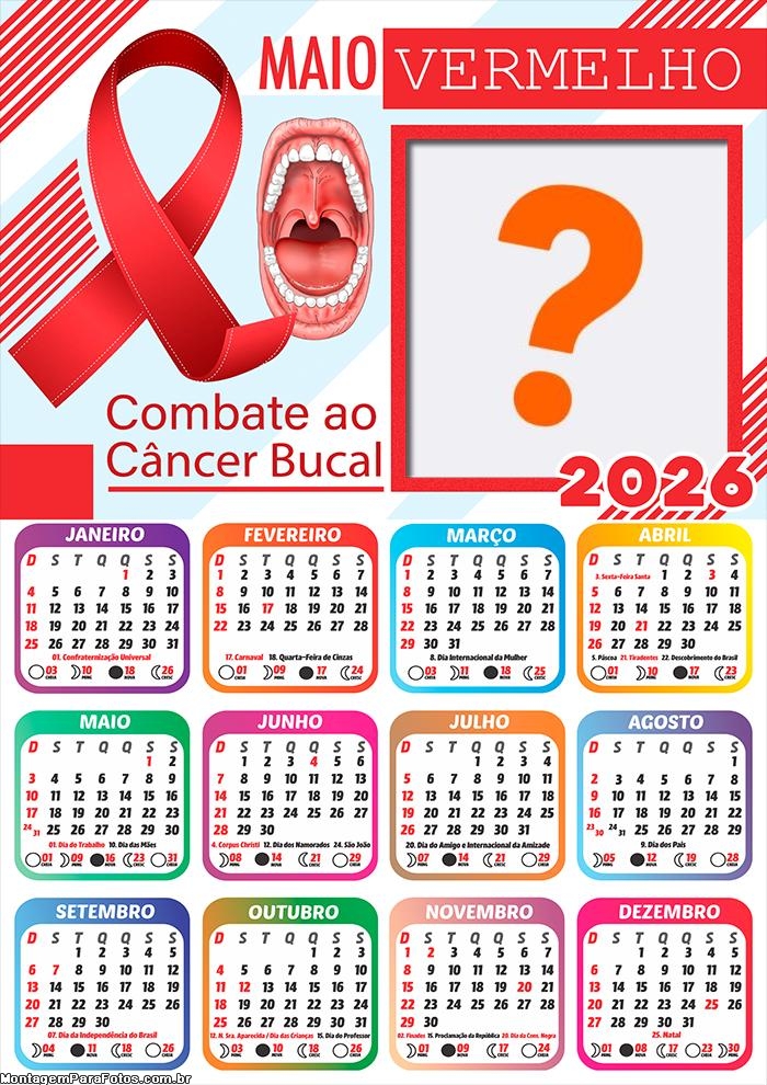 Calendário 2026 Campanha Maio Vermelho Colagem Online