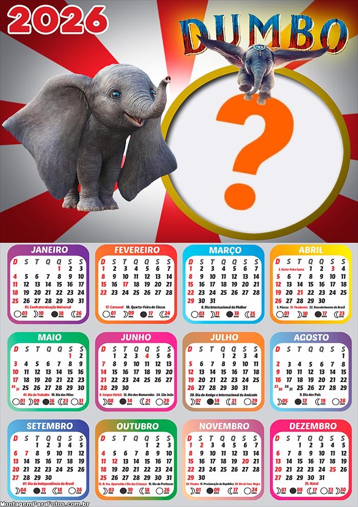 Calendário 2026 Dumbo Fazer Colagem Grátis