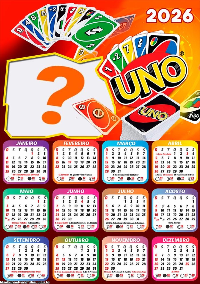 Calendário 2026 Jogos de Cartas UNO Montagem Grátis