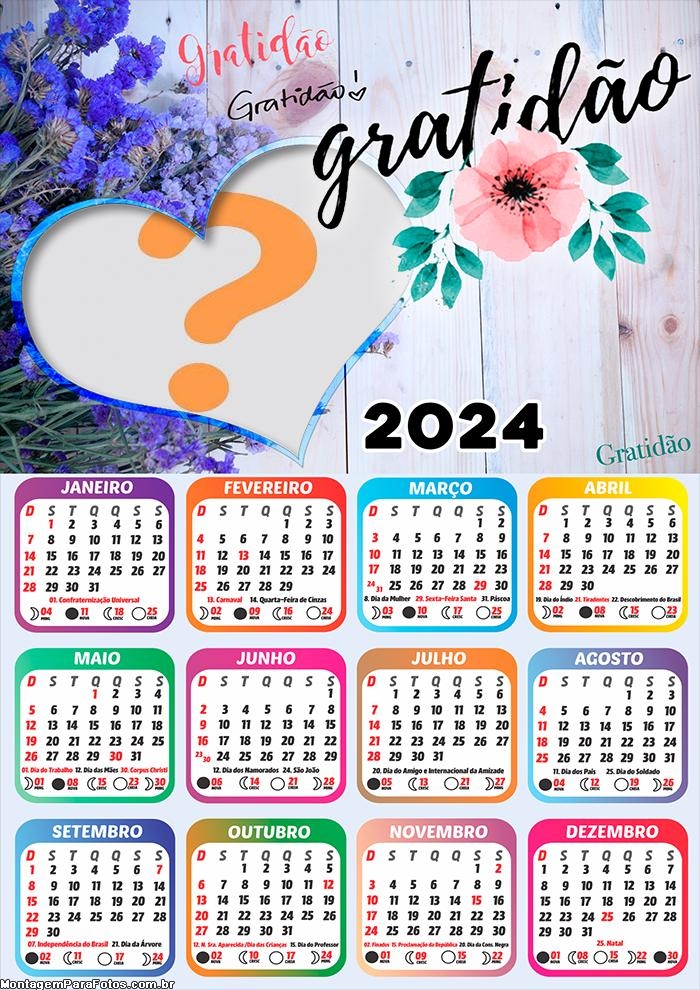 Calendário 2024 Gratuito para FotoMontagem Gratidão