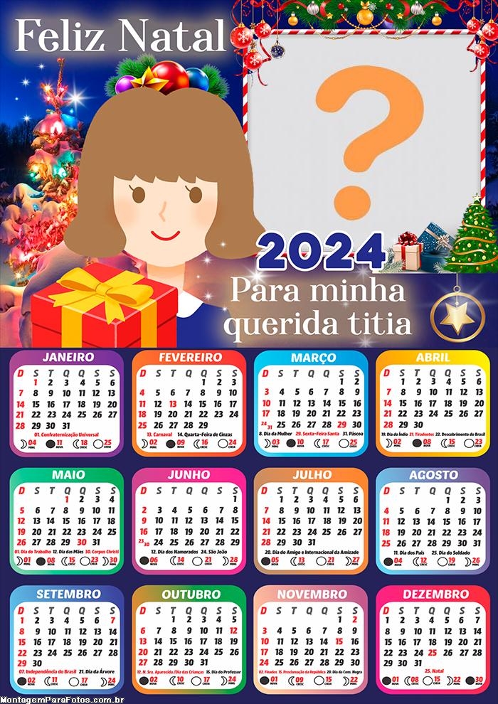 Calendário 2024 Tia Feliz Natal Colocar Foto Grátis