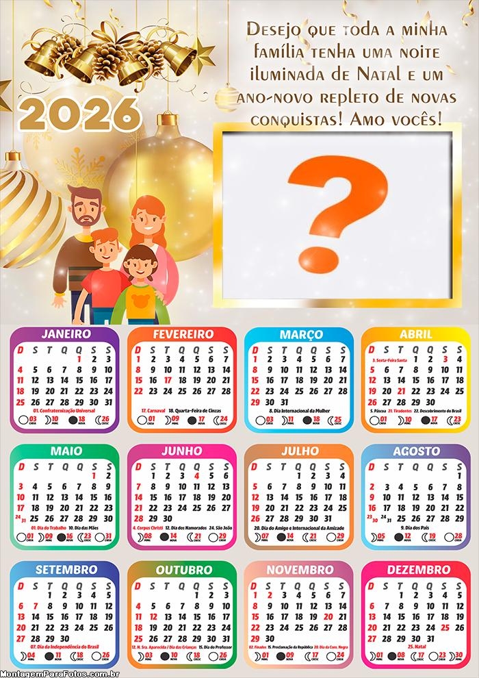 Calendário 2026 Natal e Ano Novo Mensagem Família Colar Foto Online