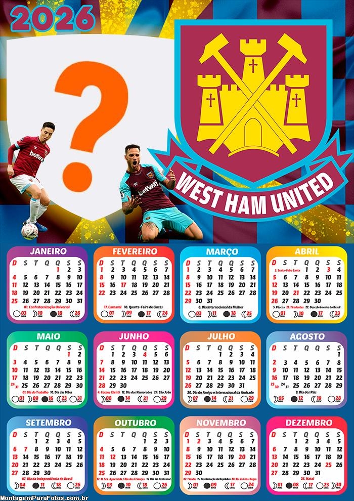 Calendário 2026 West Ham United Football Club Juntar Foto Online