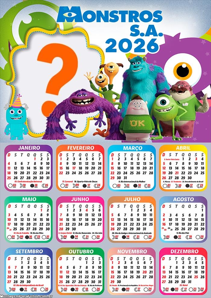 Calendário 2026 Monstros S.A. Criar Montagem