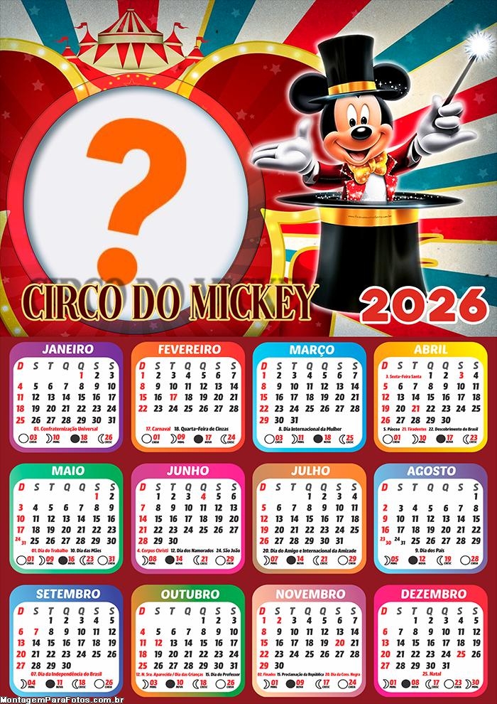 Calendário 2026 Mickey Circo Colagem de Fotos