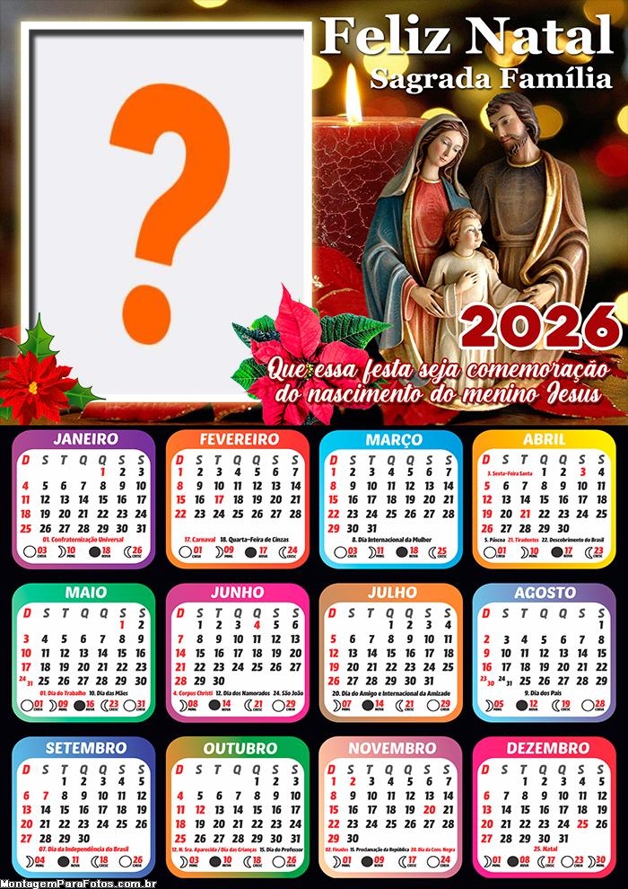 Calendário 2026 Feliz Natal Sagrada Família Foto Montagem