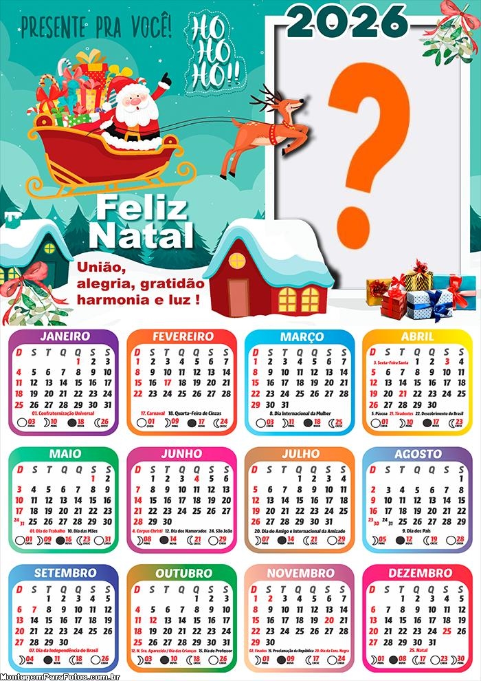 Calendário 2026 União e Alegria Feliz Natal Montar Foto Grátis