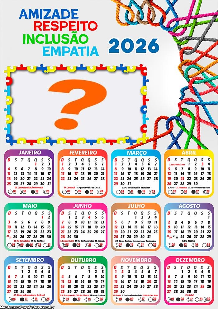 Calendário 2026 Tema Autismo Montar Foto Grátis