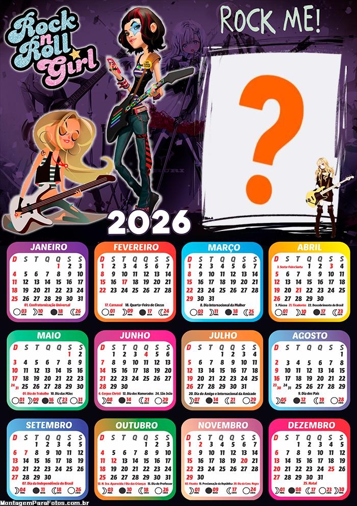 Calendário 2026 Rock in Roll Girls Foto Moldura