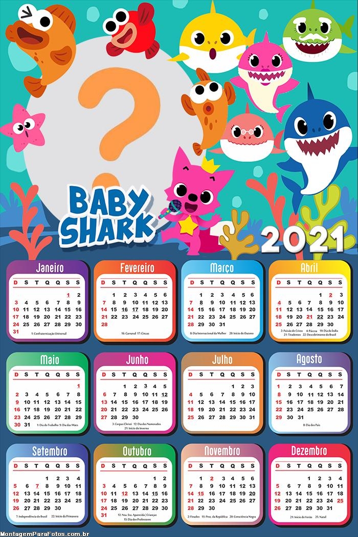 Calendário 2021 Personagens Baby Shark Tema Festa