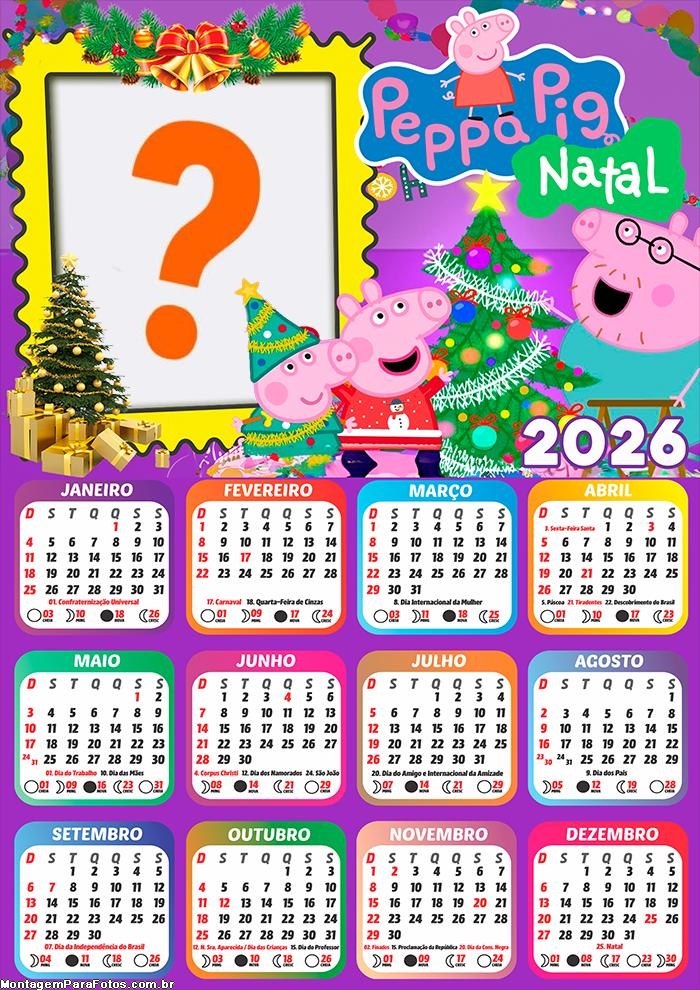 Calendário 2026 Feliz Natal Peppa Pig Foto Moldura