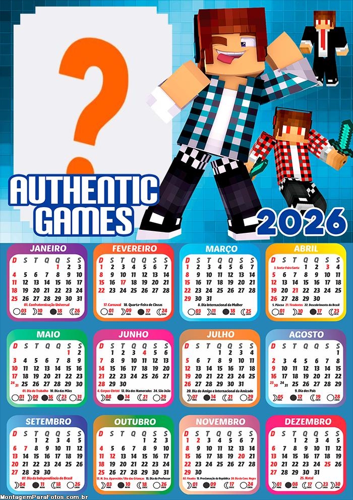 Calendário 2026 Authentic Games Foto Montagem