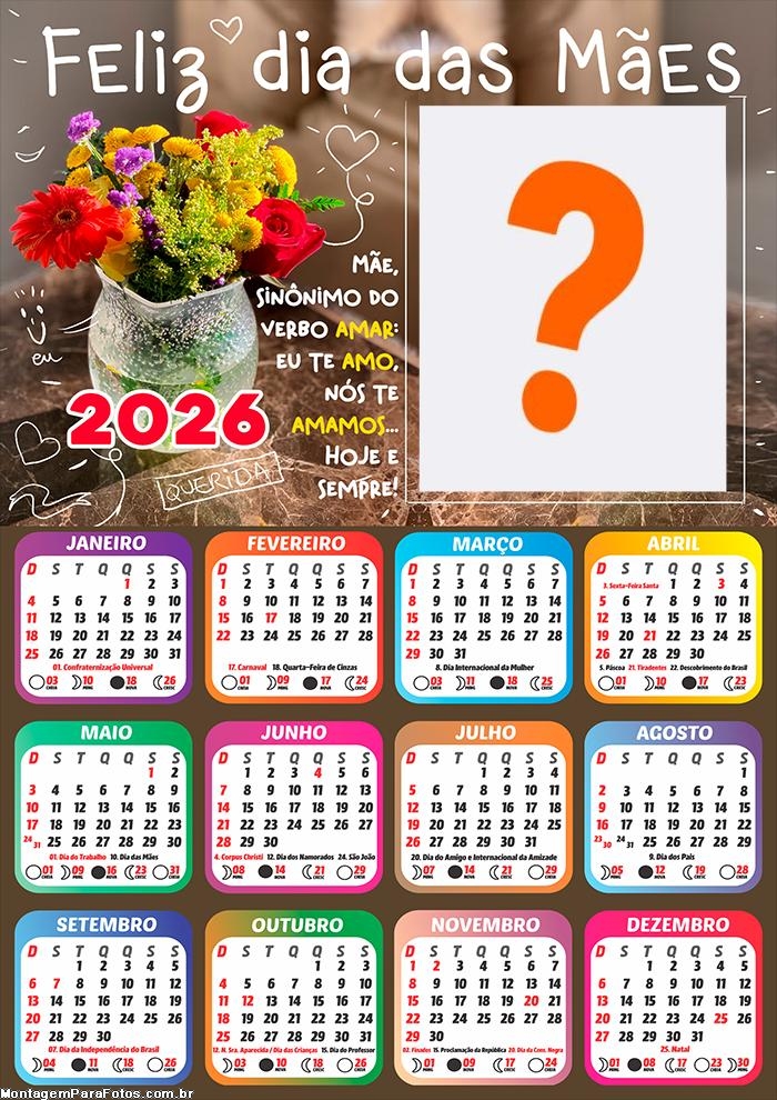 Calendário 2026 Sinônimo do Verbo Amar Foto Montagem