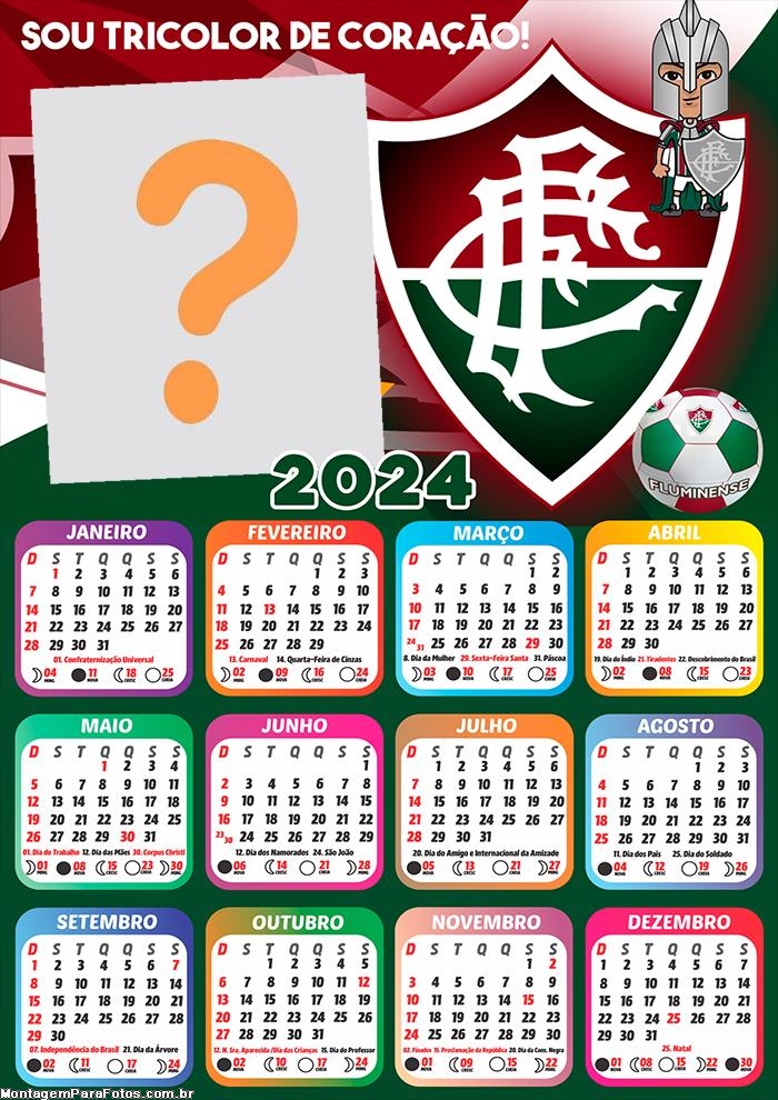 Calendário 2024 Editar Grátis Fluminense Time de Futebol