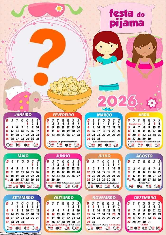 Calendário 2026 Pijama Tema Emoldurar Foto Online